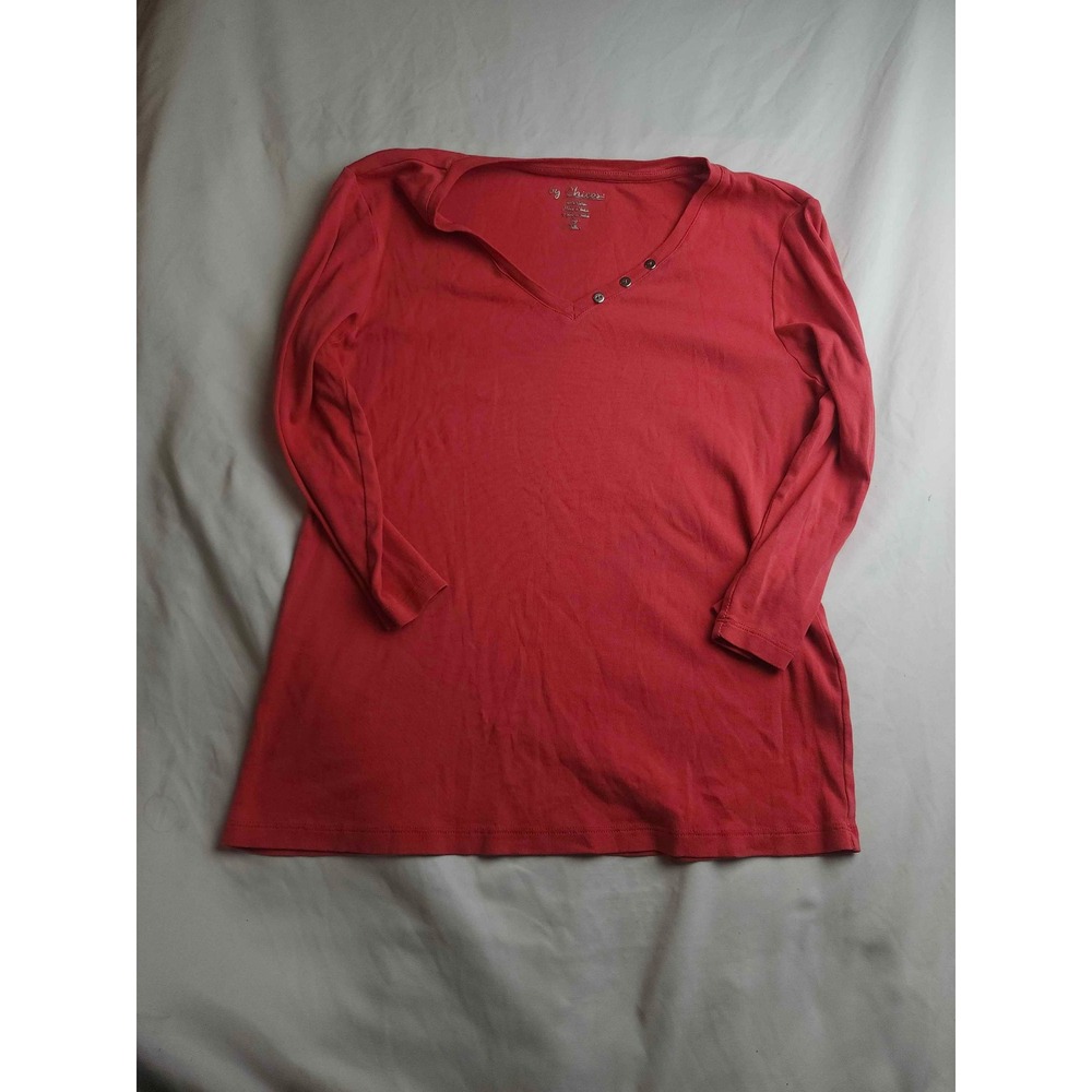 Chicos Red Cotton V-Neck Long Sleeve Button Detail Top Size 1 Medium